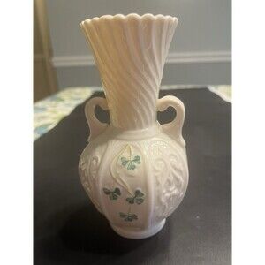 Belleek Ribbed Twisted Double Ear Handle Shamrock 6” Vase Ireland